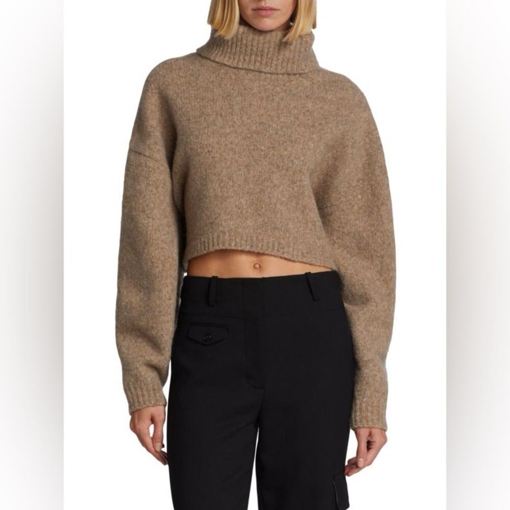 HELMUT LANG Kath Cropped Wool Blend Turtleneck Sweater Fawn Brown Size Medium